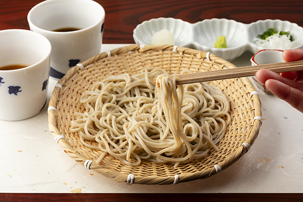 Handmade Edo soba noodles with two types of dipping sauces from Edo and Tokyo